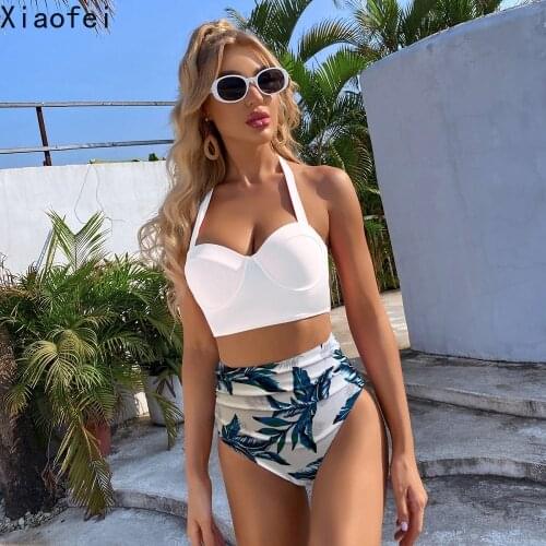 Women Halter Leaf Print Bikini Set Push Up High Waist Swimwear Summer Bathing Suit 2 Pieces Swimsuit