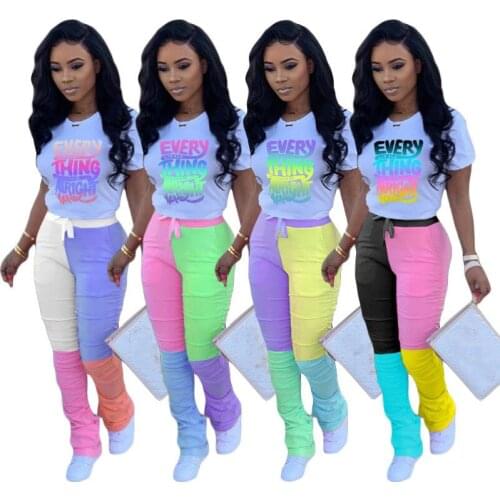 Women Two Piece set Flare Pants Ladies Stacked Joggers Letter Print Short Sleeve T-shirt Pleated High Waist Trousers Bell Bottom
