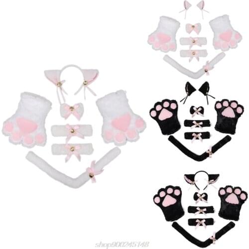 Kitten Costume Set Ribbon Bowknot Bells Collar Tail Gloves Cat Ears Hairband Anime Maid Halloween Cosplay J29 21 Dropship