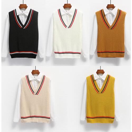 Women Sweater Vest Spring and Autumn Loose Sweater Vest V-neck Color-Block Striped Knitted Vest Womens Vest