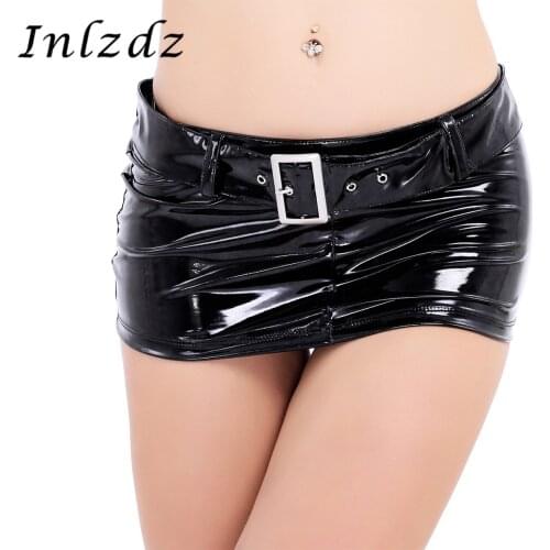 Womens Sexy Lingerie Short Mini Skirt Wetlook Patent Leather Hot Erotic Skirts with Waist Belt Loops Party Nightwear Clubwear