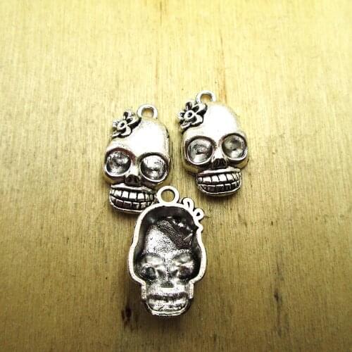 15pcs--21x13mm Skull Charms Day of the Dead,Skull head with flower charms DIY necklace/ bracelets charms antique silver tone