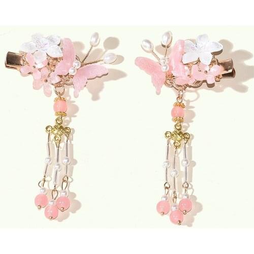 2pcs Flower Hairpin with Tassel Chinese Style Cute Vintage Headdress Hanfu Clothing Accessories for Little Girls BN