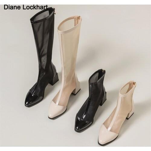 2021 High Heeled Sandals Boots Woman High Boots Women Summer Heels Ponited toe Block Heel Lace Mesh Shoes for Female Black Beige