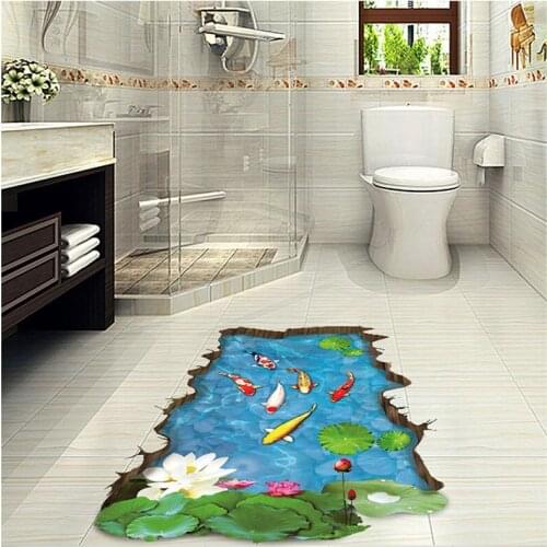 3D Wall Stickers Simulation Lotus Pond Fish Wall Decals Bedroom Living Room Bathroom Floor Tile Sticker Wallpaper Home Decor
