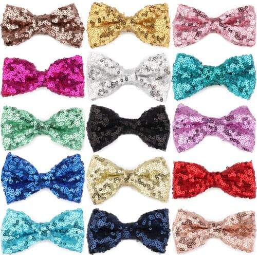 50pcs/lot 15colors 9cm Newborn Sequins Hair Bows Hair Clips Solid Flower Bowknot with Paillettes for Kids Girls Hair Accessories