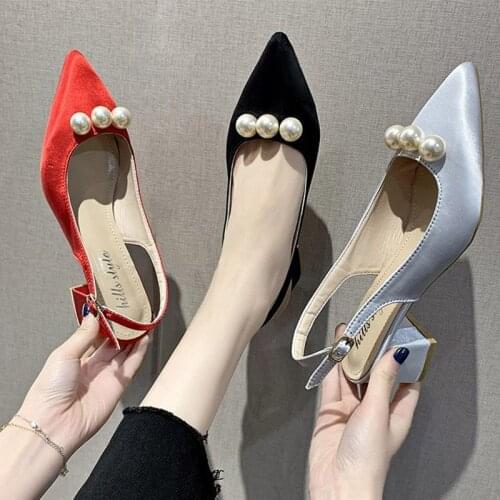 Summer Women Pointed Toe Sandals Silk Pumps Wedding Shoes Pearls Med Heels Dress Shoes Slingbacks Sandalias mujer Black 9111L