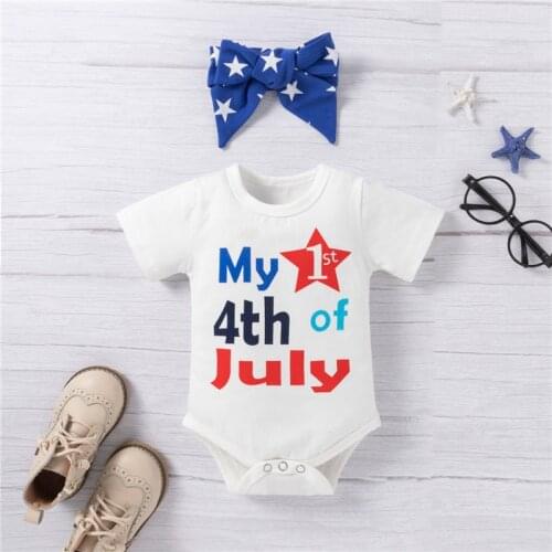 Baby My First 4th of July Outfits Set Short Sleeve Letter Print Romper + Bloomer Shorts + Headband Set for Girls 0-12 Months
