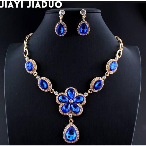 Jiayijiaduo Wedding jewelry set for women Red blue necklace earrings set Gold color of chain party accessories gift