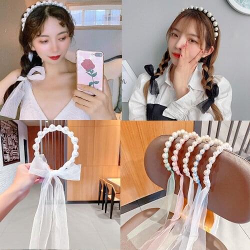 Ribbon pearl headbands hair ties accessories 2021 Women Girls hairbands scrunchie decoration hair hoops fashionable satin luxury