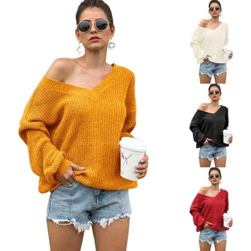 Fashion V Neck Drop Shoulder Oversized Women Sweater Solid Loose Long Sleeve Tied Back Design Soft Pullovers Newest Style Lady