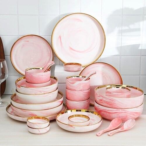 MT European Marble Light Luxury Ceramic Bowl Dishes Set Home Creative Rice Bowl Deep Dishes Soup Bowl Tableware