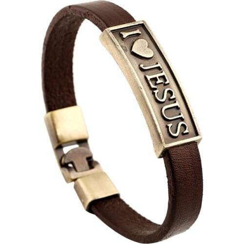 2017 New Vintage Men Genuine Leather Bracelet Jesus Letter Wrap Wristband Bangle Brown Color 21cm with Alloy Clasp Jewelry