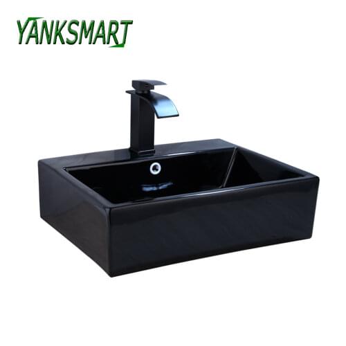 YANKSMART Black Square Ceramic Washbasin Faucet Set Mixer ORB Tap Vessel Lavatory Basin Sink Bathroom Set