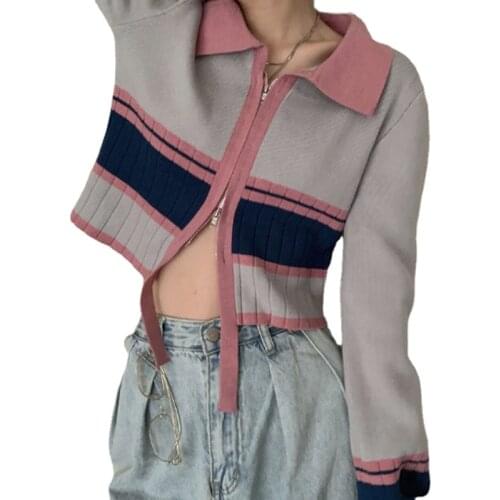 New BM Girl Fashion Vintage Short Sweater Polo Collar Long-sleeved Knitted Cardigan Top Outwear Color Contrast Slim Knitwear