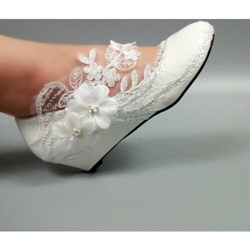 New arrival Womens wedding shoes Bride Bridesmaid Dress shoes 3cm/5cm Wedges High Shoes white Lace shoes flower female shoes