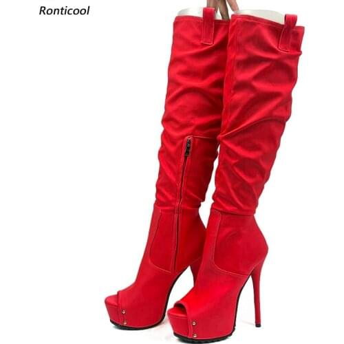 Ronticool New Arrival Women Spring Knee Boots Satin Side Zipper Stiletto Heels Peep Toe Red Green Party Shoes Plus US Size 5-20