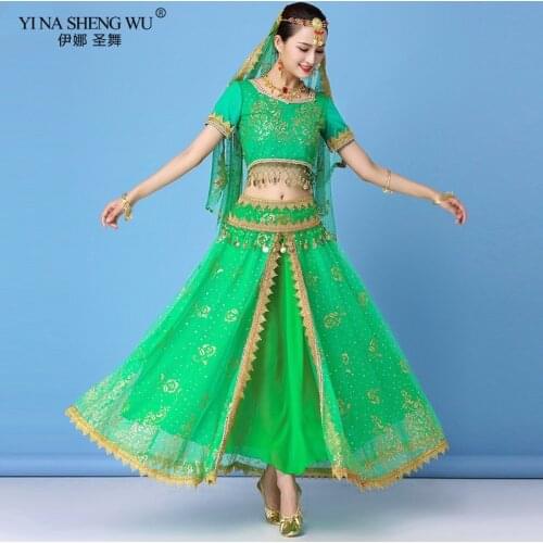 New Indian Bollywood Belly Dance Costumes Set Dance Sari Bollywood Belly Dance Stage Performance Chiffon Top Waist Chain Skirt