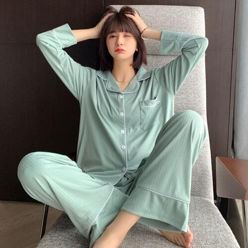 Womens Pajamas Set Spring Leisure Elastic Waist Men Sleepwear cotton Womens Long Sleeve Nightwear Print Top Long Pant Homewear