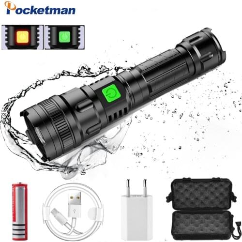 60000lm LED Flashlight USB Rechargeable Flashlight Power Tips Zoomable Torch Lanterna 18650 Battery Perfect for Camping Hiking