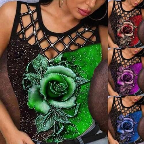 Womens Fashion Summer Floral Printed Multicolor Rose Sleeveless Tank Tops Plus Size Hollow Out Ladies Casual Vest Shirts