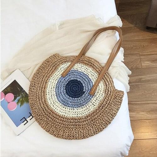 2021Woven Bag Straw Bag Vintage Bag Summer Round Straw Bags for Women Rattan Shoulder Handmade Woven Beach Female Message