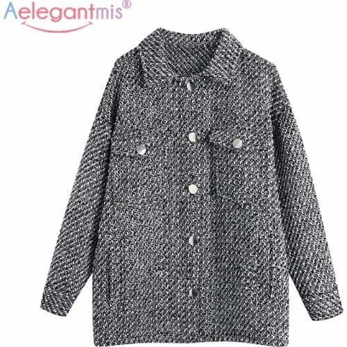 Aelegantmis Korean Tweed Jacket Women Vintage Warm Houndstooth Woolen Coat Female Elegant Single Breasted Loose Outwear Fashion