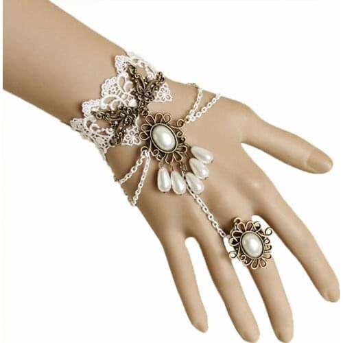 Handmade Womens Beads Drop Layered Chain Faux Pearl Flower White Lace Adjustable Ring & Bracelet Slave Set Gothic Lolita Bridal