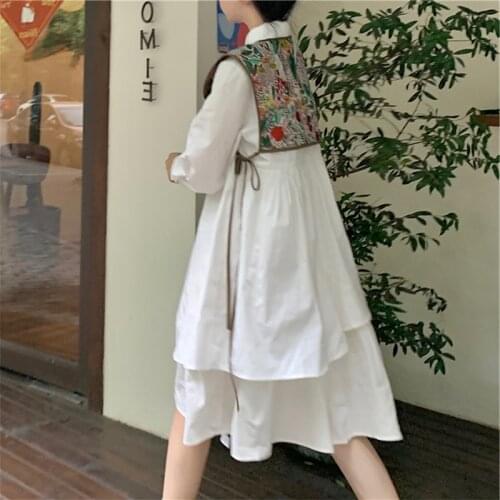 2021 New Floral Vest Tops + White Puff Long Sleeve Lapel Irregular Shirts Dress Women Summer Korean Fashion Chic Casual Sets