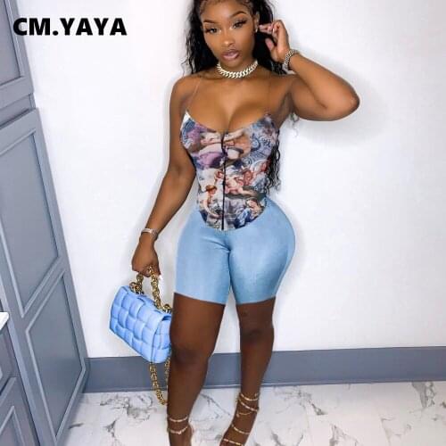 CM.YAYA Angel Painting Print Women Croset Crop Tops and Shorts Suit Vintage Tracksuit Two Piece Set Active Sweatsuit Outfits