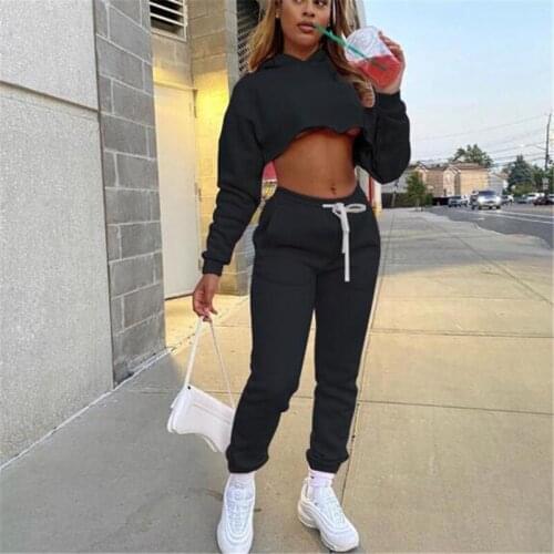 Women Tracksuit 2 Pcs Sets Solid Color Hooded Long Sleeve Crop Top + Pocket Drawstrings Long Pants Casual Womens Outfit Clothes