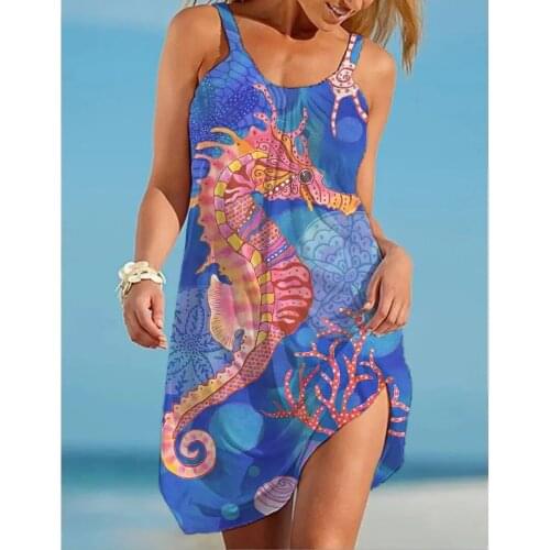 Hippocampus 3D Print Sexy Women Beach Dresses Hawaii Boho O-Neck Sleeveless Dress Summer Holiday Brand Beachwear Night Dresses
