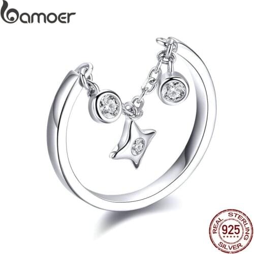 BAMOER Silver Rings 925 Stelring Silver Chain Ring for Women Clear CZ Star Ajudtable Rings 2019 New Female Jewelry Gifts SCR408