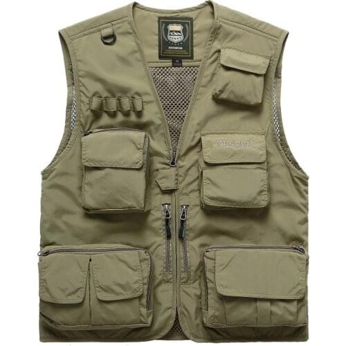 Vest men outdoor multi-pocket fish photography waistcoat large size thin V-neck zipper Mesh Breathable Casual Sleeveless Jacket