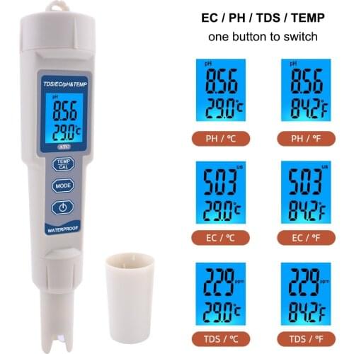 4 in 1 TDS/PH/EC/Temperature Meter PH-3508 0-1999ppm with Backlight Waterproof Digital Water Quality Monitor Tester for Aquarium
