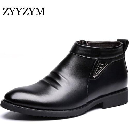 ZYYZYM Mens Boots Winter Short Plush Keep Warm Business Casual Leather Chelsea Boots Solid Color Cotton Male Boots