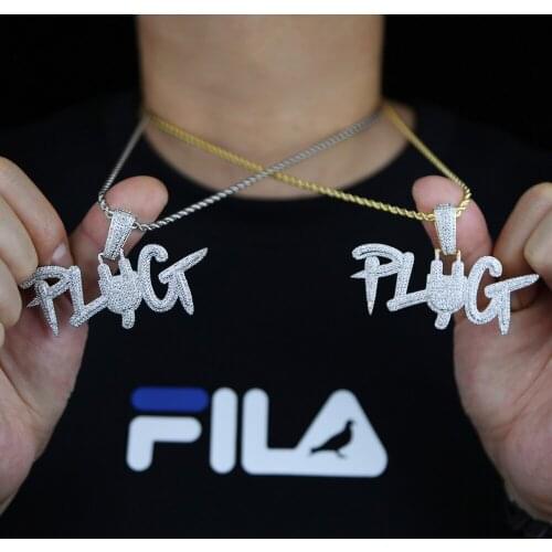 Iced Out Gold Silver Color CZ Plug Letter Pendant Micro Pave Finish Zircon Hip Hop Necklace Rope Chain Mens Jewelry 2020 New