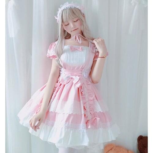 Summer Girls Kawaii Lolita Dress Gothic Pink Princess Dress Party Cothes Women Halloween Cafe Maid Cosplay Costume with Headwear