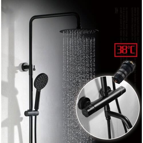 Black Thermostatic Shower Faucets Set 10 Inch Ultra-thin Rainfall Shower Heads Wall Mounted Massage Hand Hold Shower