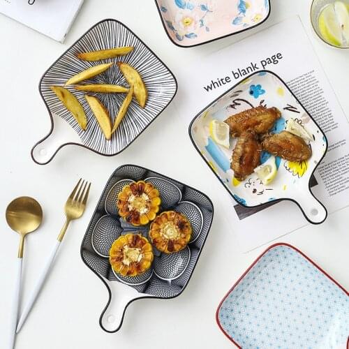 Nordic Underglaze Dinner Plate Creative Simple Ceramic Square Household Dinner Plate Single Handle Baking Pan