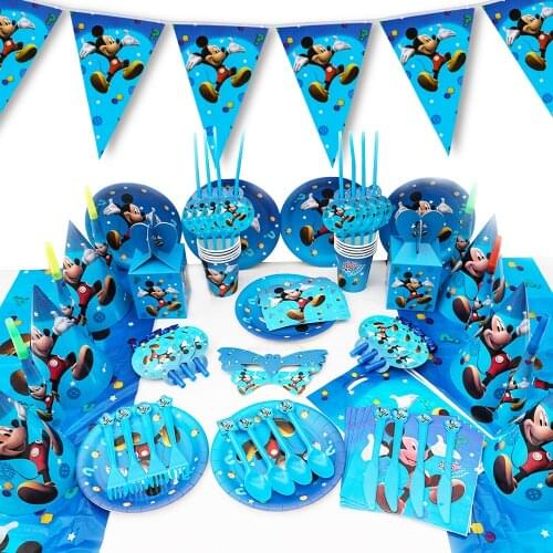Disney Mickey Mouse Design Boy Birthday Party Cups Plates Tablecloth Bag Flags Baby Shower Paper Disposable Tableware Supplies