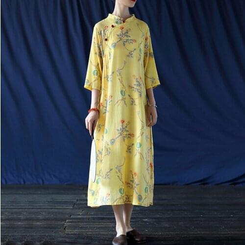 Original Improved Diagonal Collar Cheongsam Cotton and Linen Printing Stand Collar Vintage Dress 2021