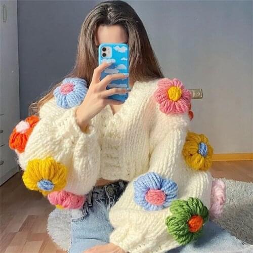 2021 Autumn Holiday Floral Sweater Hollow Out Long Sleeve Coarse Yarn Cardigan White