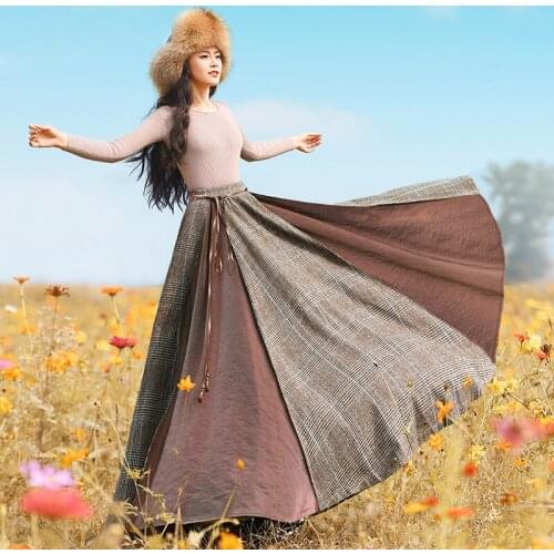 Autumn Winter Women Vintage Elegant All-Match Plaid Tassel Woolen Patchwork Long Maxi Large Pendulum Bust Skirt