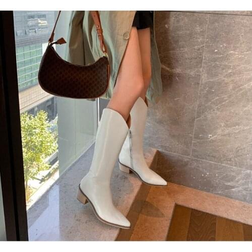 Knee High Boots Western Cowboy Boots for Women Long Winter Zipper Pointed Toe Cowgirl wedges Motorcycle Thick Heels