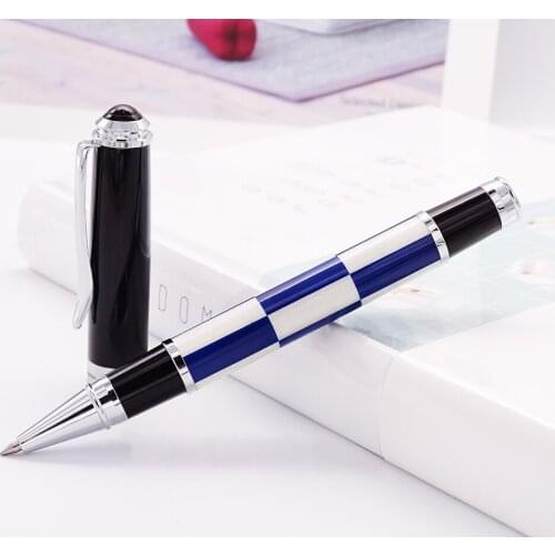 Fuliwen Celluloid Fashion Roller Ball Pen with Smooth Refill , Blue & White Squares Pattern Writing Pen for Office , School