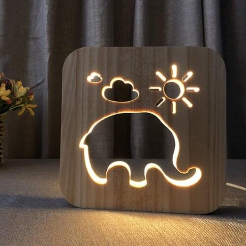 LED USB Night Light Wooden Elephant Hollow Animal Lamp Novelty Kid Bedroom 3D Decoration Table Lights Child Gift