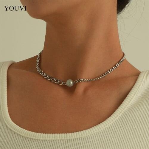 YOUVI Beaded Jewelry Women Necklace Goth Punk Chain Kpop Pearl Choker Necklace Chain on the Neck Collier Femme Accessories