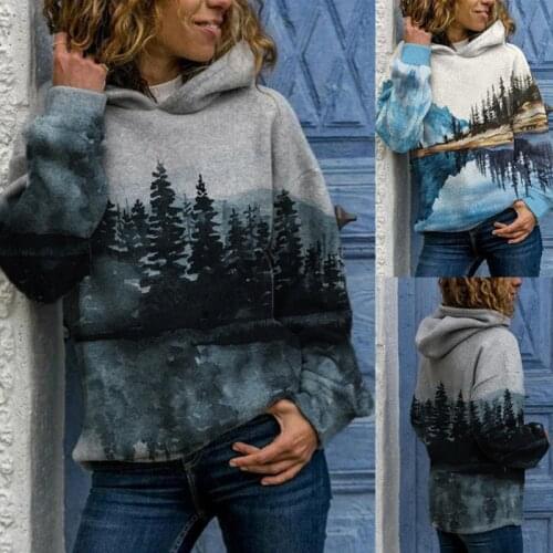 Womens Round Neck Casual Hoodie Sweatshirt Long Sleeve Mountain Landscape Printed Plus Size Tops & T-Shirts Autumn and Winter