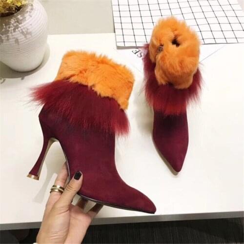 2018 New Red Grey Suede Women Boots Mixed Colors Feather Autumn Winter Boots High Heels Ankle Boots Shoes Woman Botas Mujer